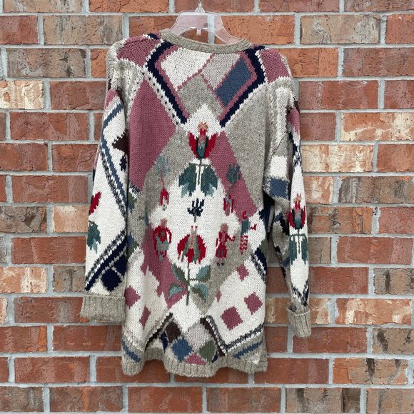 Last Chance Vintage IVY Sweater Button Down Hand Knit Country Design Medium Y2K - Picture 2 of 13